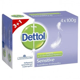 Dettol Sensitive Antibacterial Soap Αντιβακτηριδιακό Σαπούνι Ευαίσθητες Επιδερμίδες 3+1 ΔΩΡΟ 4x100gr