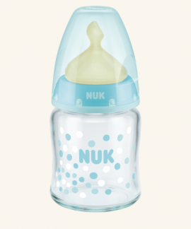 Nuk First Choice+ Γυάλινο Μπιμπερό Με Θηλή Καουτσούκ γαλάζιο 0-6μηνών 120ml