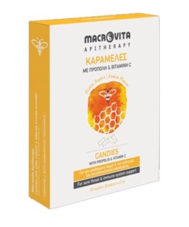 Macrovita Candies Καραμέλες για τον Λαιμό με Πρόπολη, Βιταμίνη C και Εκχυλίσματα Βοτάνων, Γεύση Λεμόνι, 47g