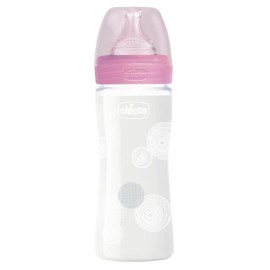 Chicco Well Being Γυάλινο Μπιμπερό Θηλή Σιλικόνης Αργής Ροής Ροζ 0m+ 240ml