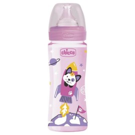 Chicco Well Being Πλαστικό Μπιμπερό με Θηλή Σιλικόνης Διαστημόπλοιο Ροζ 330ml