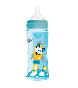 Chicco Well - Being Πλαστικό Μπιμπερό  Με Θηλή Σιλικόνης Γρήγορης Ροής Γαλάζιο   4+m 330ml
