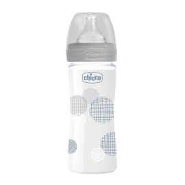 Chicco Well Being Γυάλινο Mπιμπερό με Θηλή Σιλικόνης Γκρι Κύκλοι 0m+ 240ml