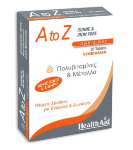 Health Aid A To Z Iodine & Iron Free Συμπλήρωμα Διατροφής με Πολυβιταμίνες και Μέταλλα για Ενέργεια και Ζωντάνια, 30Tabs