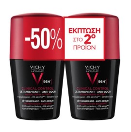 Vichy Homme Clinical Control 96h Roll-on Ανδρικό Αποσμητικό για Ευαίσθητες Επιδερμίδες Promo -50% στο 2ο Προϊόν, 2x50ml