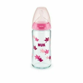 NUK First Choice Γυάλινο Μπιμπερό με θηλή σιλικόνης M 0-6m Ροζ 240ml