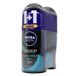 NIVEA Promo Men Deep Black Carbon Beat 72h Ανδρικό Αποσμητικό Roll-On 2x50ml 1+1 Δώρο