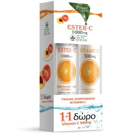 Power Health Vitamin C 1000mg Stevia με γεύση Ροδάκινο - Maracuja 20 tabs & Vitamin C 500mg με γεύση Πορτοκάλι 20 tabs 1+1 Δώρο