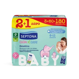 Septona Calm n Care Sensitive Baby Μωρομάντηλα με Δράση Προστατευτικής Κρέμας Συγκάματος,(2+1 Δώρο) 3x60τεμ