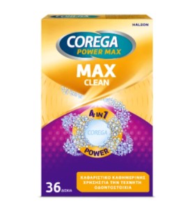 Corega Power Max Clean 4in7 Καθαριστικά Δισκία για Τεχνητές Οδοντοστοιχίες με Περισσότερο Ενεργό Οξυγόνο, 36tabs