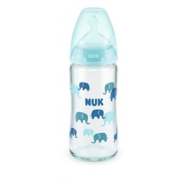 NUK First Choice Γυάλινο Μπιμπερό με θηλή σιλικόνης M 0-6m Γαλάζιο 240ml