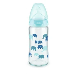 NUK First Choice Γυάλινο Μπιμπερό με θηλή σιλικόνης M 0-6m Γαλάζιο 240ml