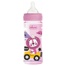 Chicco Well Being Μπιμπερό Πλαστικό Ροζ Pink Lion Θηλή Σιλικόνης Μέτριας Ροής 2m+ 250ml