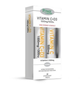 Power Health Vitamin C 1000mg με Γλυκαντικό από Στέβια & D3 1000iu 20 Αναβράζοντα Δισκία + Δώρο Vitamin C 500mg 20 Αναβράζοντα Δισκία
