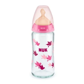 NUK First Choice Γυάλινο Μπιμπερό με Δείκτη Ελέγχου Θερμοκρασίας & Θηλή Λάτεξ Μ 0-6m ΡΟΖ 240ml