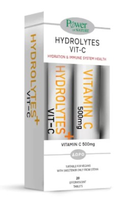 Power Health Hydrolytes Plus VIT-C Stevia - Ηλεκτρολύτες, 20 αναβράζοντα δισκία & Vitamin C 500mg - Βιταμίνη C, 20 αναβράζοντα δισκία (1+1)