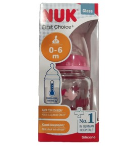 NUK First Choice+ Γυάλινο Μπιμπερό Με Θηλή Σιλικόνης Ροζ 0-6μηνών 120ml