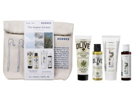 KORRES The Agean Escape Travel Essentials, Kρέμα Σώματος Άνθη Eλιάς - 40ml, Αφρόλουτρο Άνθη Eλιάς - 40ml, Αλόη & Δίκταμο Σαμπουάν - 40ml & Αλόη & Δίκταμο Mαλακτική Kρέμα Μαλλιών- 40ml