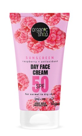 Organic Shop Sunscreen Ενυδατική Αντηλιακή Κρέμα Προσώπου με Σμέουρo SPF50, 50ml