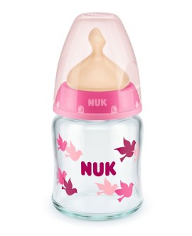 Nuk Μπιμπερό Γυάλινο First Choice Plus με Θηλή Latex M με Δείκτη Ελέγχου Θερμοκρασίας Ροζ 0-6m 120ml